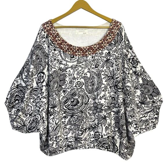 Anthropologie Pullover Top Women XL Samia Dolman Puff Sleeve French Terry Floral - Picture 1 of 8